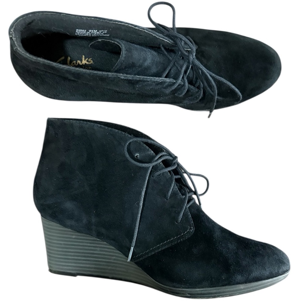 Clarks Black Suede Wedge Booties